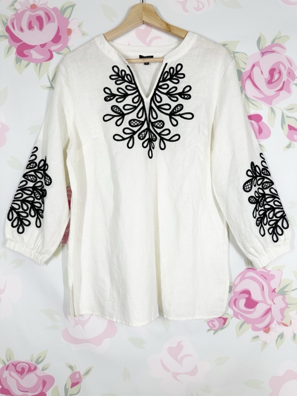 Talbots White Tunic with Black Floral Embroidery Boho Linen Top Blouse MP Petite